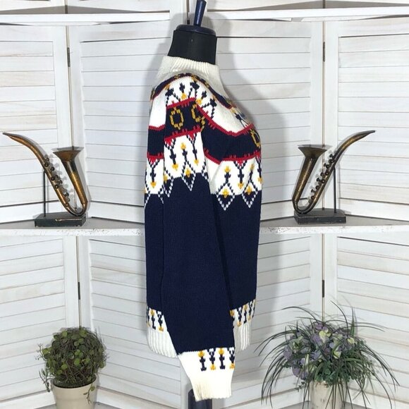 Vintage 90s JCPenney Fair Isle Ski Sweater Mock Neck Navy White Medium - Picture 5 of 11